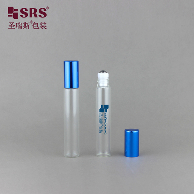8 ml de bouteille en aluminium bleu avec capuchon brillant, tube en verre et rouleau de parfum transparent