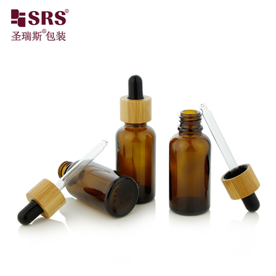 1 oz d' huile essentielle cosmétique ambre vide épaule de bambou 30 ml bouteille gouttelette en verre
