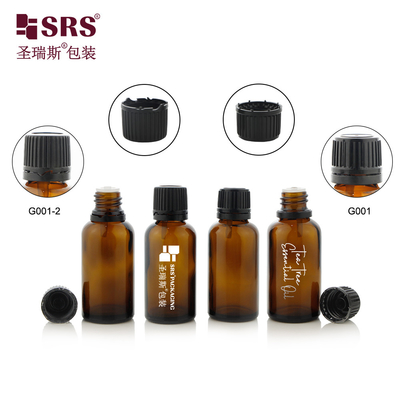 G001-2 Bouteille en verre en forme de moule ronde d'ambre avec bouchon à vis anti-altération, prise en plastique pour emballage de récipients d'huiles essentielles