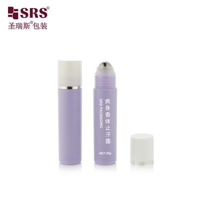 RPP-30ml Injection pourpre brillante mate finition capuchon blanc avec estampage anneau d'argent boule en acier massage de cheveux sérum bouteille à rouleaux